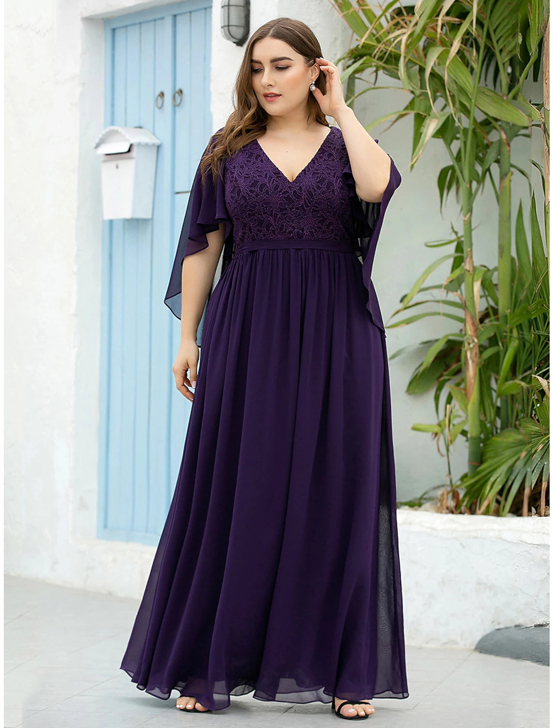 A-Line Mother of the Bride Dress Plus Size Elegant V Neck Floor Length Chiffon Tulle Half Sleeve with Sash