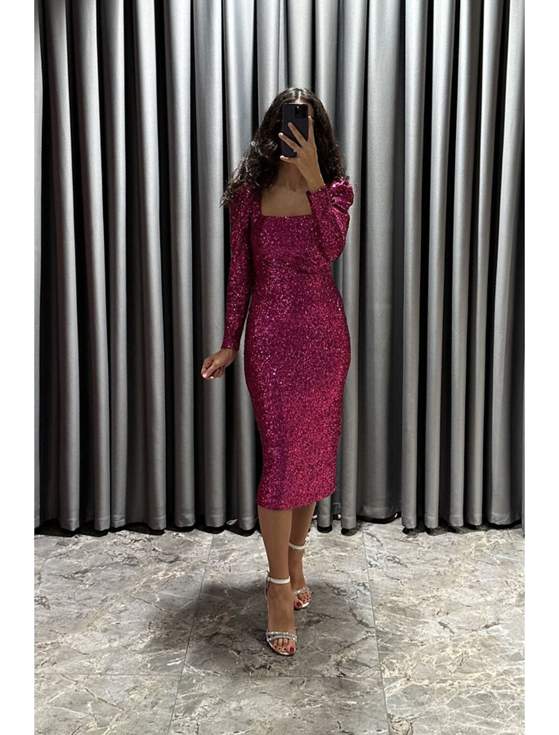 Sheath / Column Evening Gown Elegant Black Dress Formal Fall Tea Length Long Sleeve Square Neck Sequined