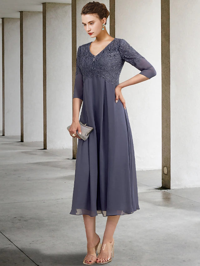 A-Line Mother of the Bride Dress Plus Size Elegant V Neck Tea Length Chiffon Lace 3/4 Length Sleeve