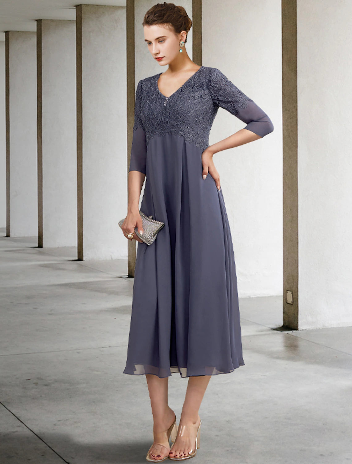 A-Line Mother of the Bride Dress Fall Wedding Guest Plus Size Elegant V Neck Tea Length Chiffon Lace 3/4 Length Sleeve with Ruffles