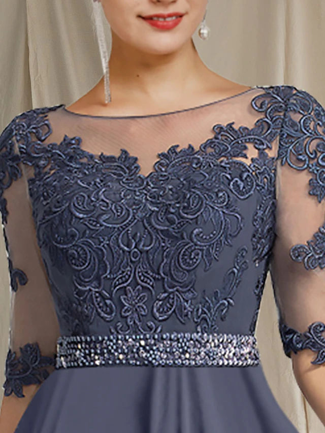 A-Line Mother of the Bride Dress Luxurious Elegant Jewel Neck Floor Length Chiffon Lace Tulle Half Sleeve