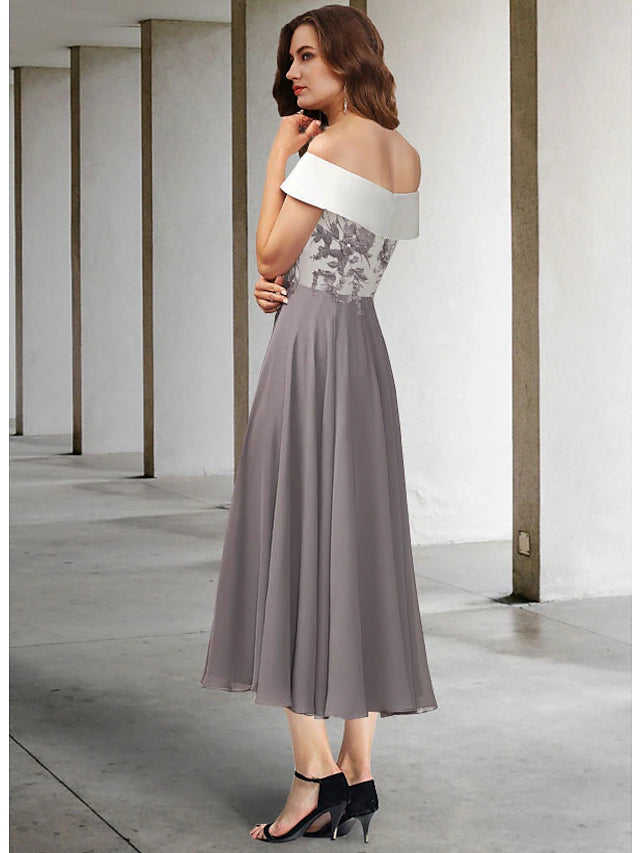 A-Line Mother of the Bride Dress Elegant Off Shoulder Tea Length Chiffon Lace Short Sleeve with Pleats