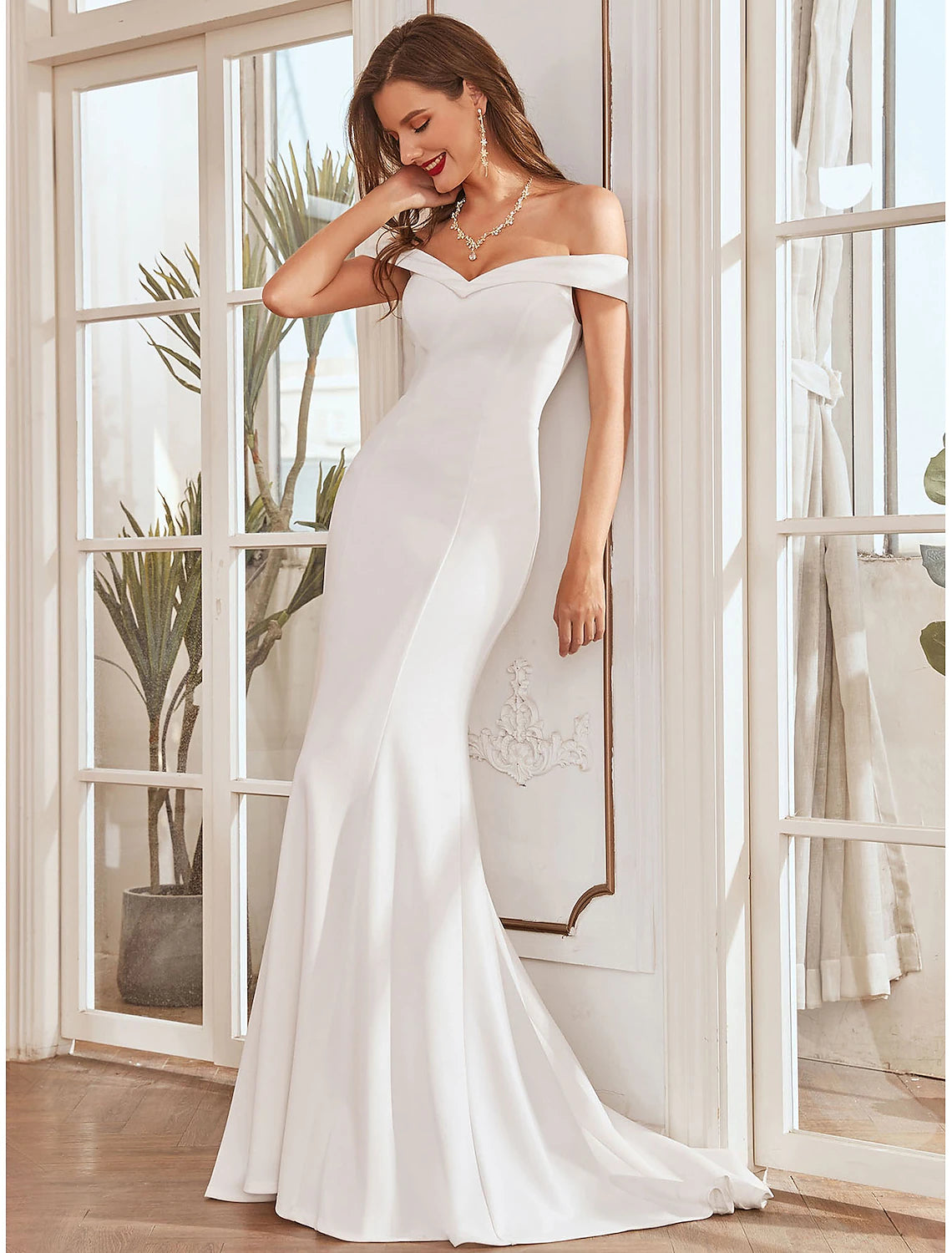 Reception Casual Wedding Dresses Mermaid / Trumpet Off Shoulder Cap Sleeve Sweep / Brush Train Stretch Fabric Bridal Gowns With Pleats