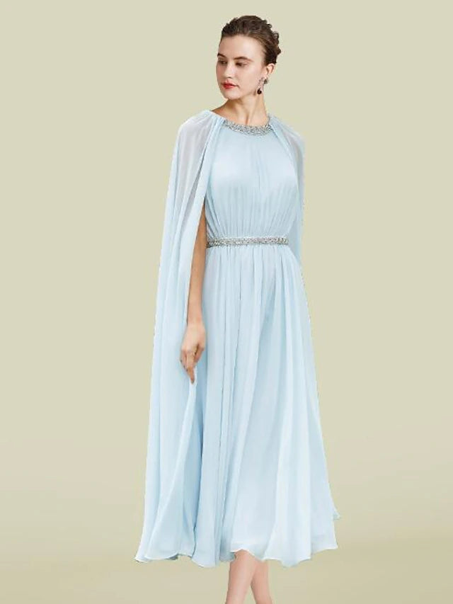 Sheath / Column Mother of the Bride Dress Elegant Jewel Neck Tea Length Chiffon Sleeveless with Pleats Beading Crystal