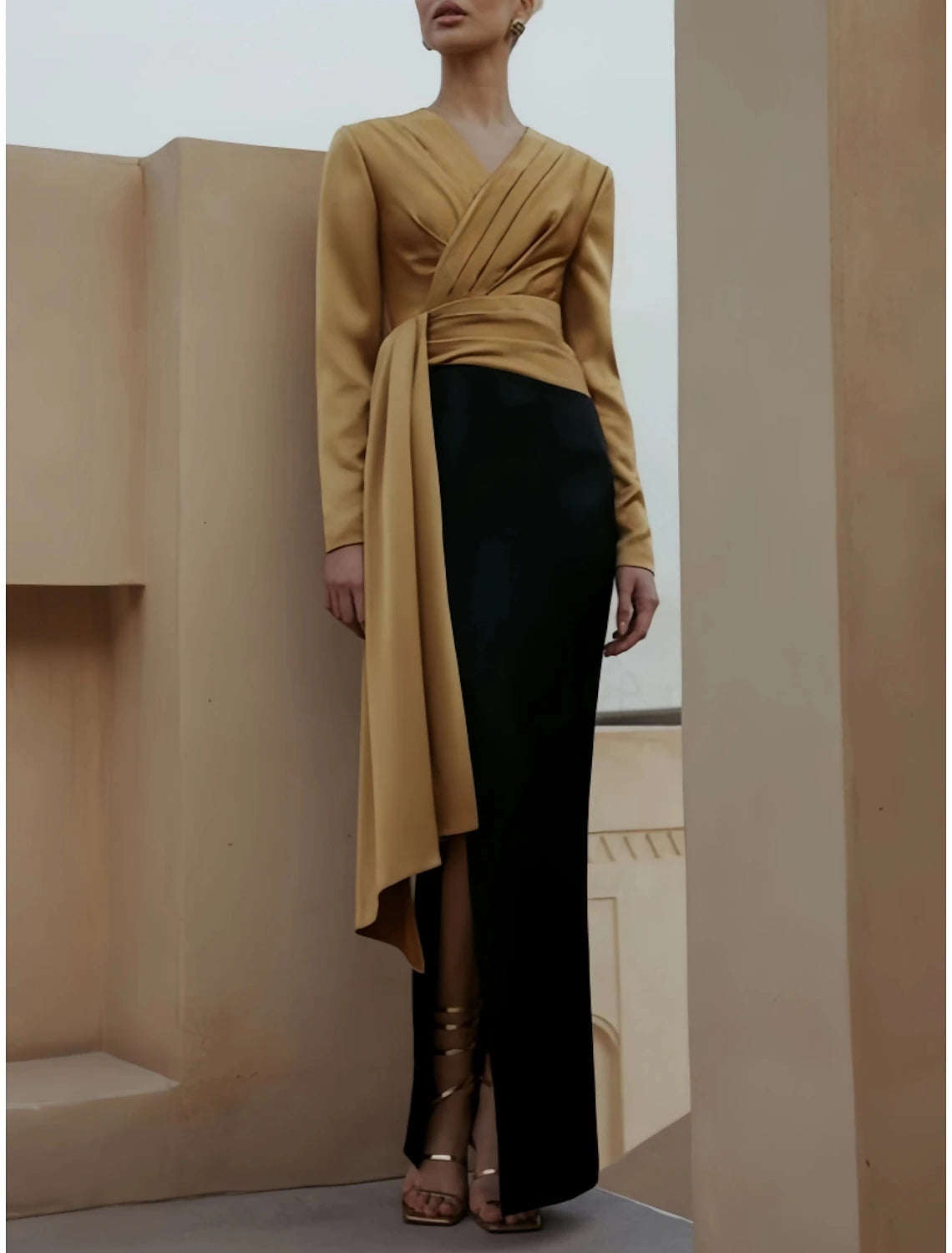 A-Line Evening Black Dress Christmas Elegant Dress Formal Ankle Length Long Sleeve V Neck Satin with Ruched