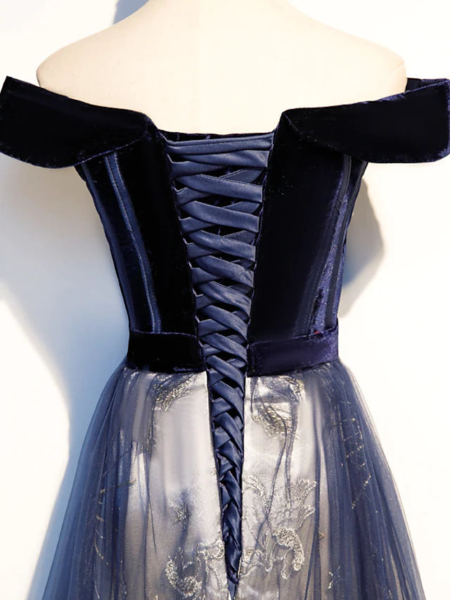 A-Line Elegant Floral Prom Formal Evening Dress Off Shoulder Short Sleeve Sweep / Brush Train Tulle with Pleats