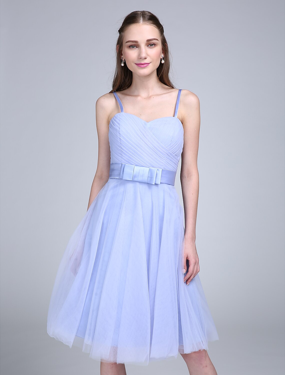 A-Line Bridesmaid Dress Spaghetti Strap Sleeveless Knee Length Tulle with Bow(s) Cross
