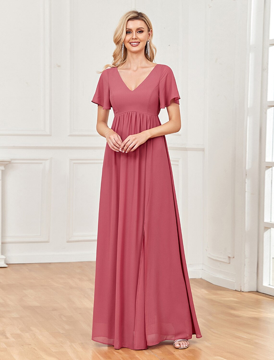 A-Line Evening Gown Empire Dress Party Wear Floor Length Short Sleeve V Neck Chiffon V Back
