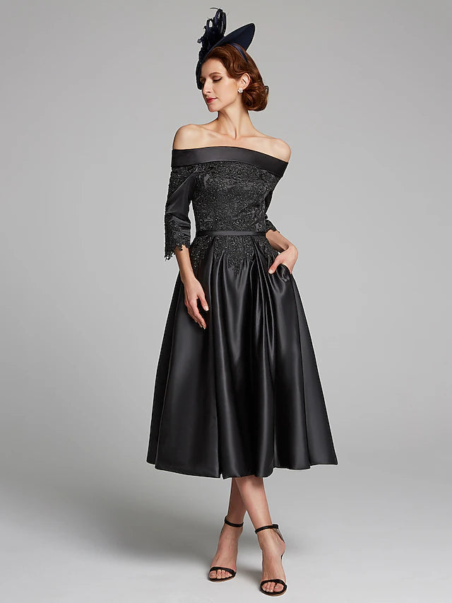 A-Line Mother of the Bride Dress Plus Size Sexy Off Shoulder Tea Length Satin Lace 3/4 Length Sleeve