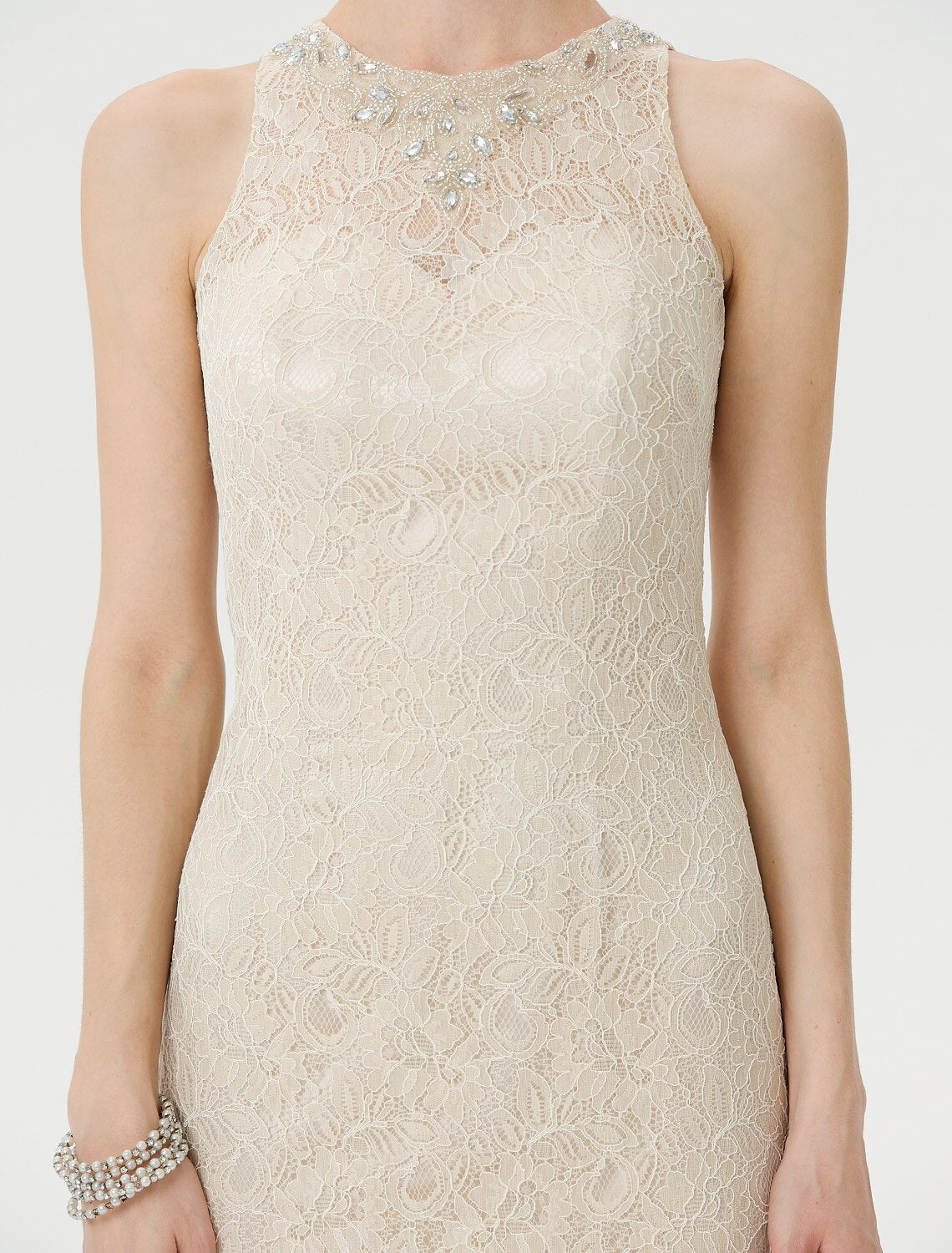 Sheath / Column Mother of the Bride Dress Elegant See Through Illusion Neck Floor Length Lace Sleeveless with Crystals