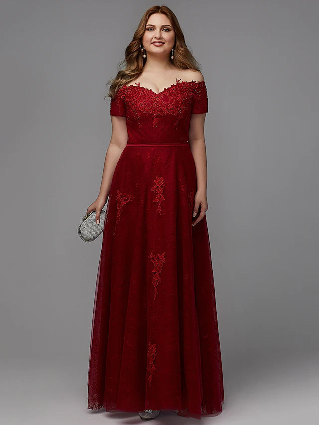 A-Line Plus Size Bridesmaid Dresses Wedding Guest Floor Length Short Sleeve Off Shoulder Lace Lace-up with Beading