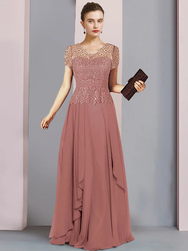 A-Line Mother of the Bride Dress Formal Party Sparkle & Shine Elegant V Neck Floor Length Chiffon Sequined Short Sleeve with Pleats