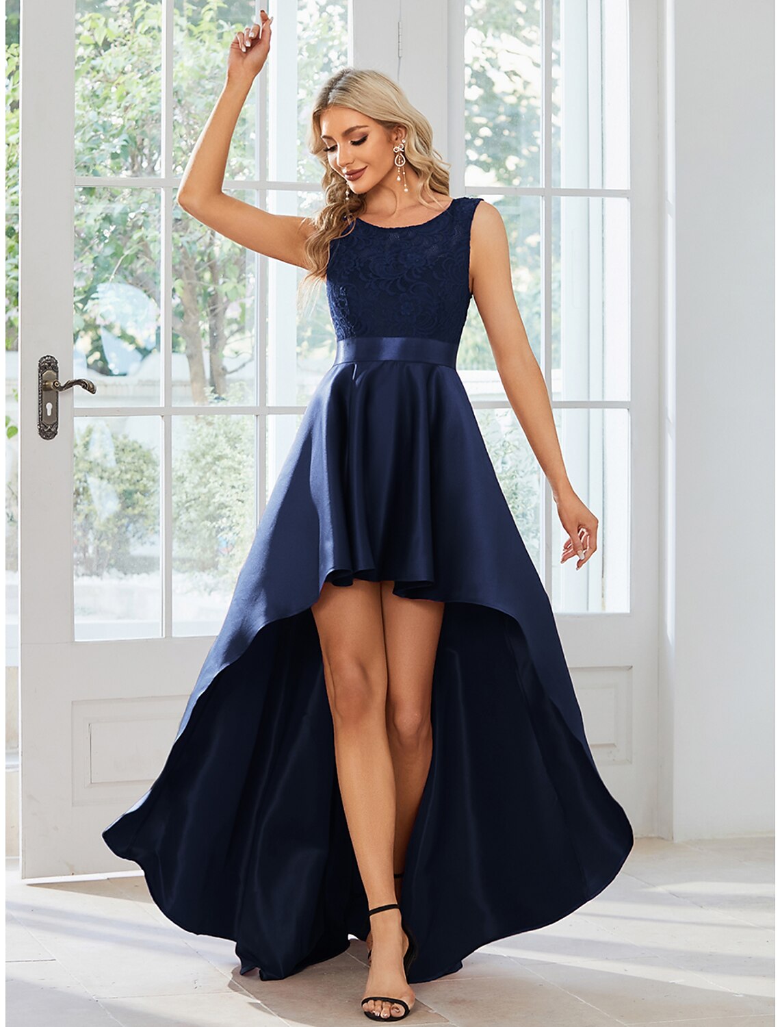 A-Line Wedding Guest Dresses Casual Dress Party Wear Asymmetrical Sleeveless Jewel Neck Satin