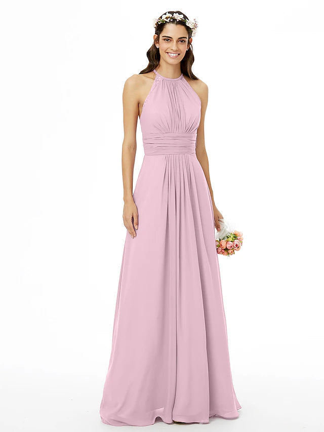 Sheath / Column Bridesmaid Dress Jewel Neck Sleeveless Beautiful Back Floor Length Chiffon with Lace / Sash / Ribbon