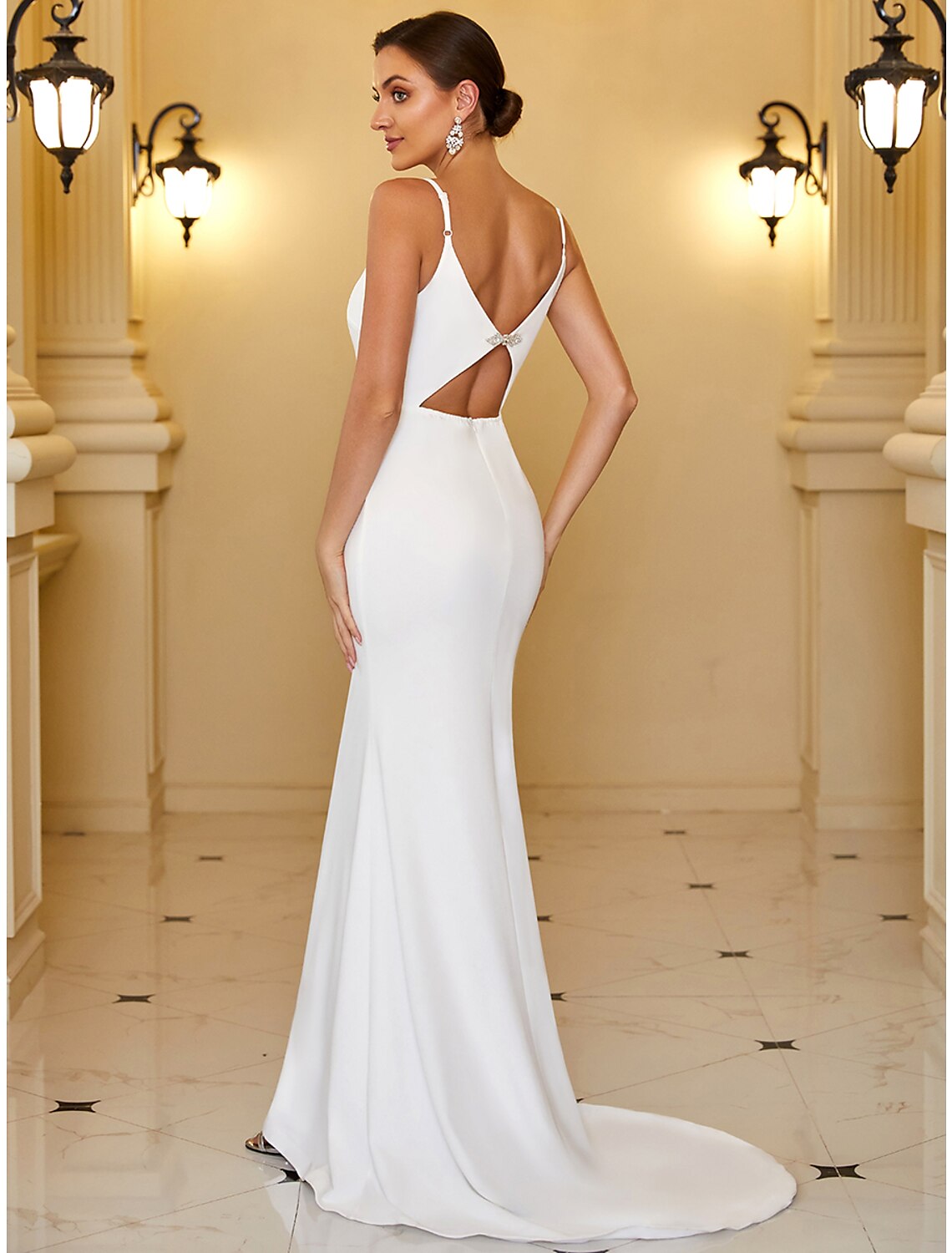 Reception Casual Wedding Dresses Mermaid / Trumpet Camisole V Neck Spaghetti Strap Sweep / Brush Train Stretch Fabric Bridal Gowns With Ruched