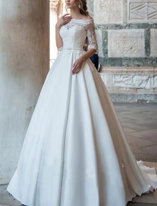 Engagement Formal Wedding Dresses Ball Gown Off Shoulder Half Sleeve Sweep / Brush Train Satin Bridal Gowns With Pleats