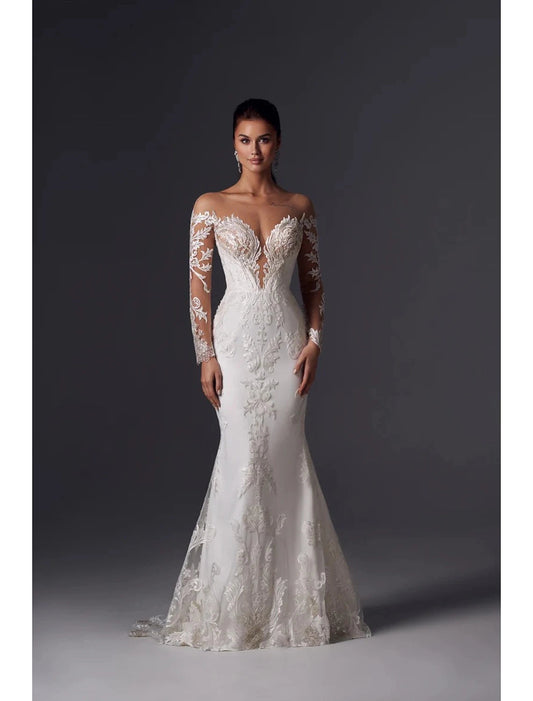 Engagement Formal Fall Wedding Dresses Mermaid / Trumpet Off Shoulder Long Sleeve Court Train Satin Church Bridal Gowns With Appliques Solid Color Wedding Party