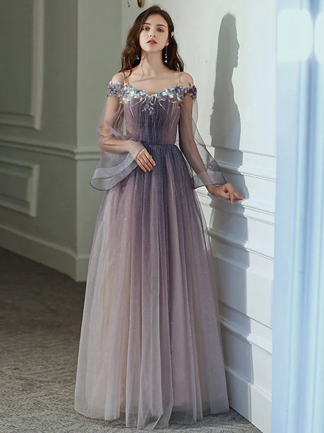 A-Line Minimalist Elegant Party Wear Prom Dress Off Shoulder Long Sleeve Floor Length Tulle