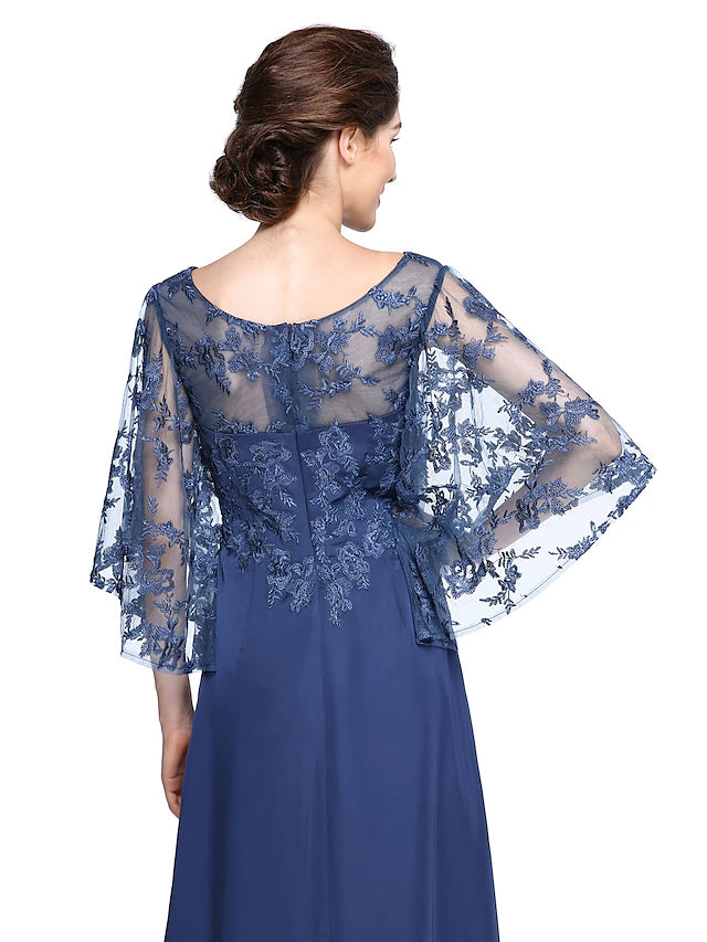 Sheath / Column Mother of the Bride Dress Elegant See Through Bateau Neck Ankle Length Chiffon Lace Half Sleeve