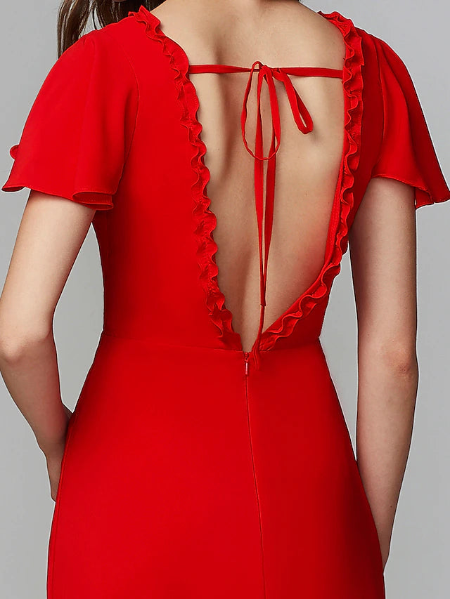 Sheath / Column Bridesmaid Dress V Neck Short Sleeve Open Back Floor Length Chiffon with Split