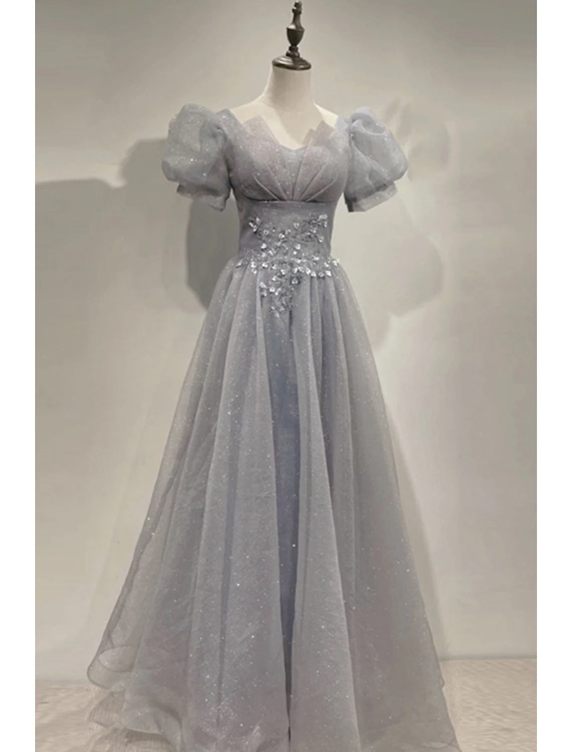 A-Line Prom Dresses Sparkle & Shine Dress Prom Valentine's Day Floor Length Short Sleeve V Neck Tulle