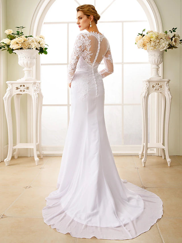 Engagement Open Back Formal Wedding Dresses Court Train Mermaid / Trumpet Long Sleeve Illusion Neck Chiffon With Sash