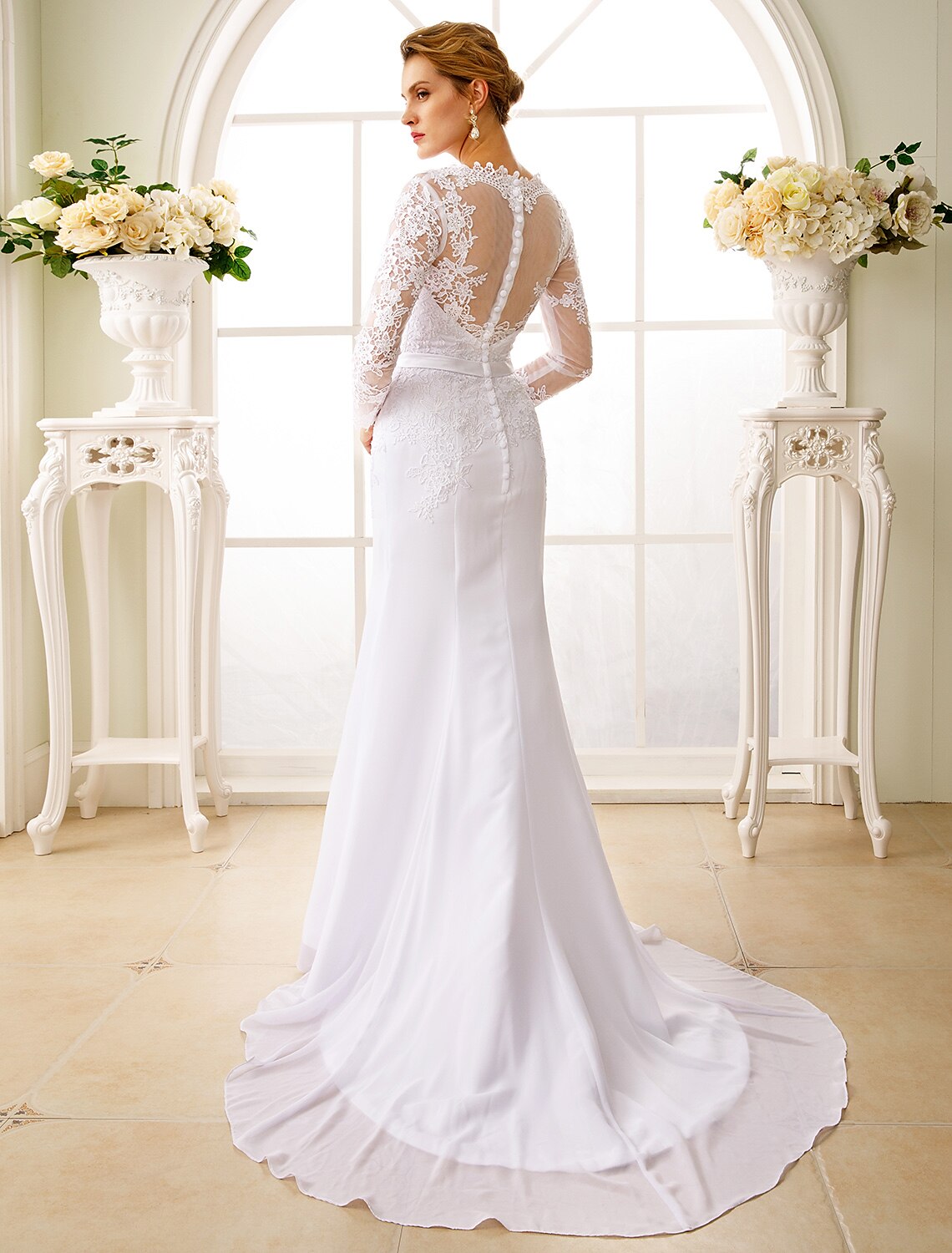 Engagement Open Back Formal Wedding Dresses Mermaid / Trumpet Illusion Neck Long Sleeve Court Train Chiffon Bridal Gowns With Sash