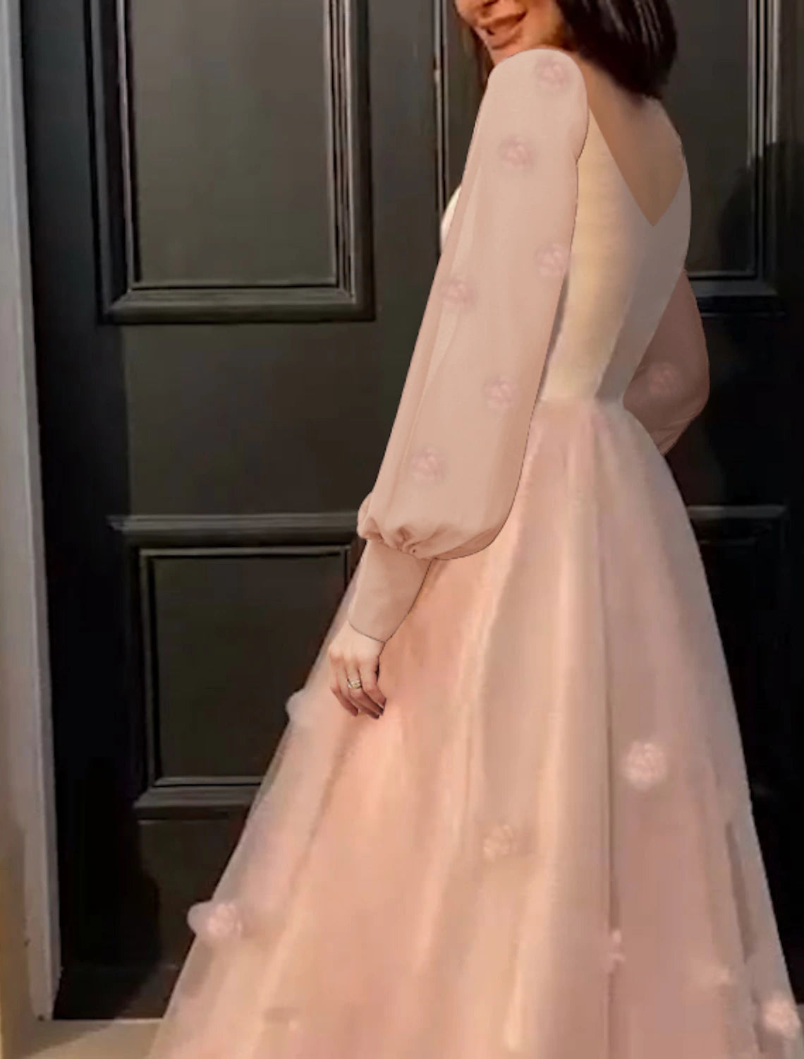 A-Line Prom Dresses Maxi Dress Sweet 16 Birthday Floor Length Long Sleeve Scoop Neck Tulle with Appliques
