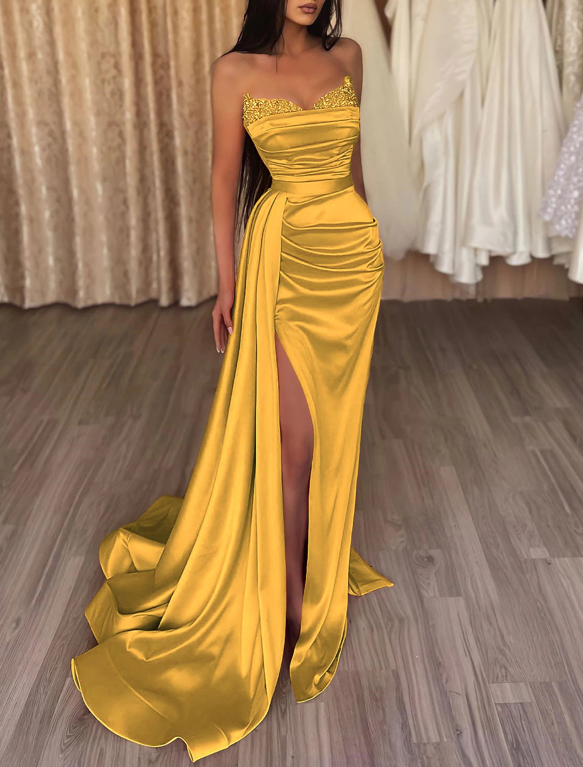 Mermaid Ruched Evening Gown Satin Dress Cocktail Party Prom Court Train Sleeveless Strapless Bridesmaid Dress with Beading Sequin