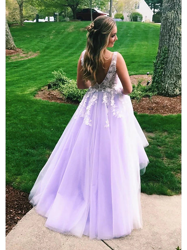 Ball Gown A-Line Prom Dresses Color Block Dress Formal Floor Length Sleeveless V Neck Tulle Backless V Back with Beading