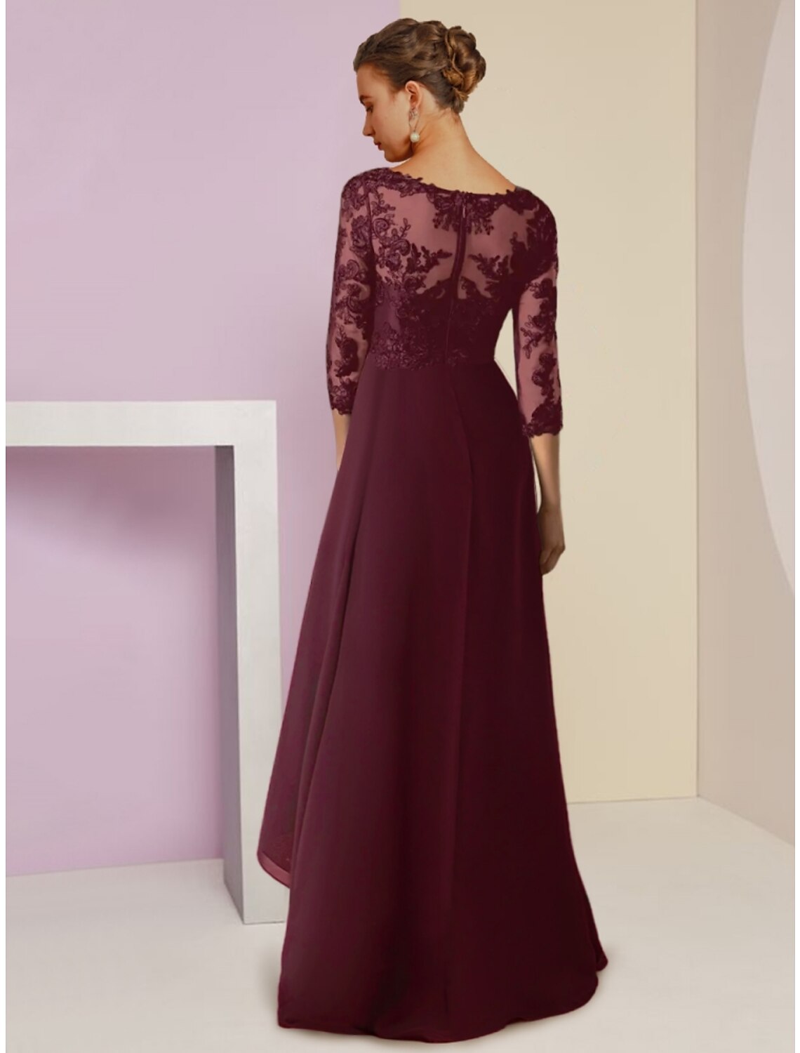 A-Line Mother of the Bride Dress Wedding Guest Vintage Elegant V Neck Asymmetrical Chiffon 3/4 Length Sleeve with Crystal