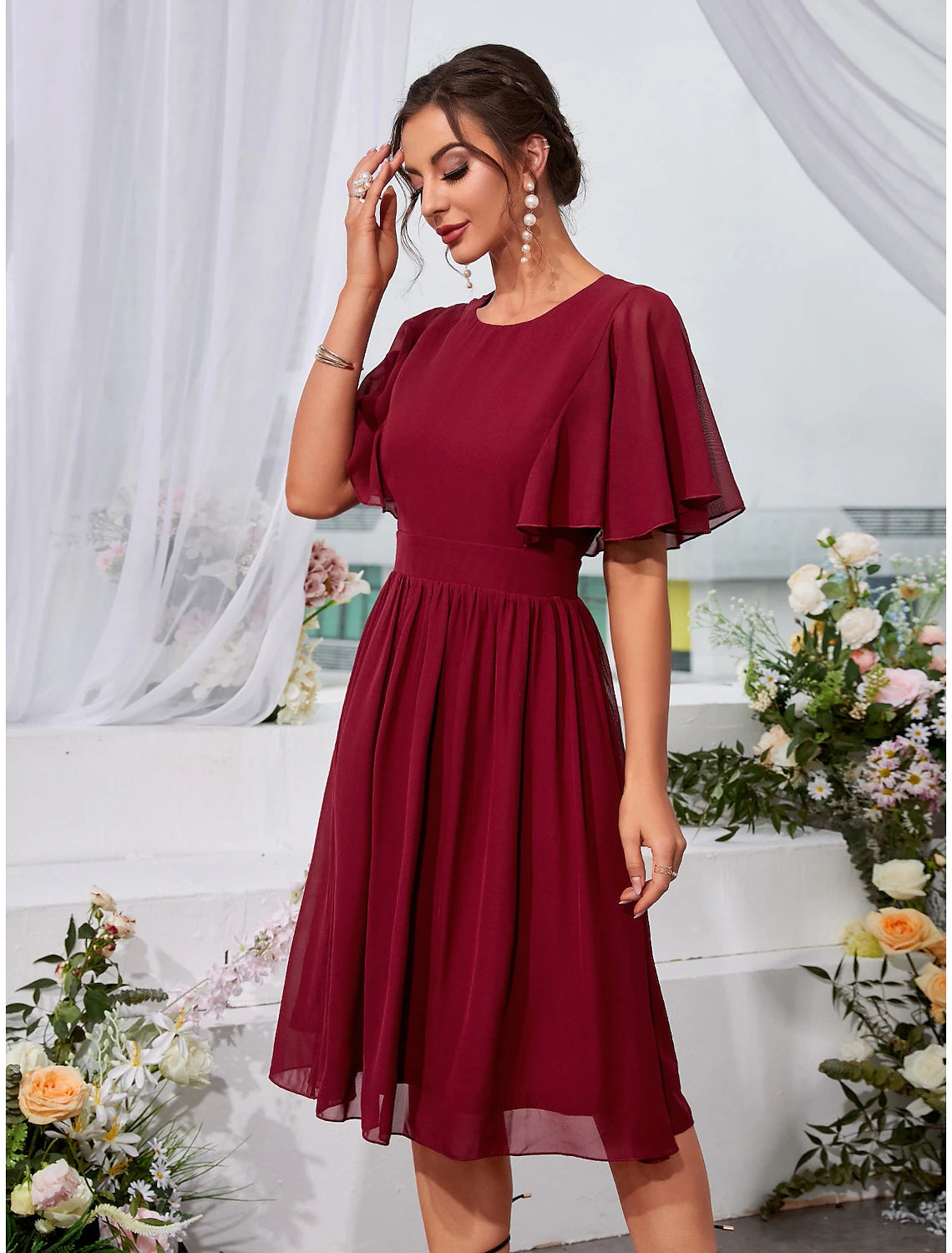 A-Line Wedding Guest Dresses Elegant Dress Holiday Knee Length Short Sleeve Jewel Neck Chiffon with Pleats