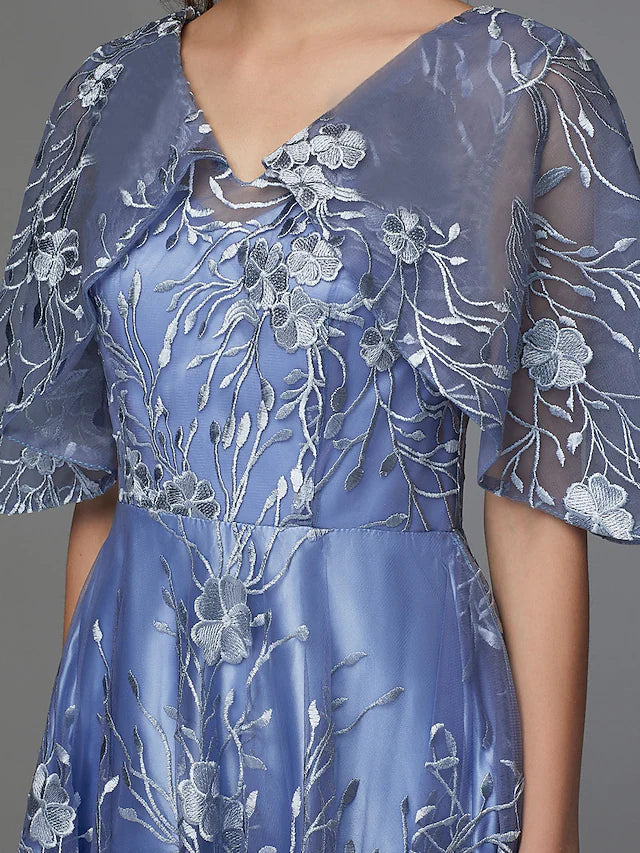A-Line Floral Dress Wedding Guest Tea Length Sleeveless V Neck Lace V Back with Pattern / Print