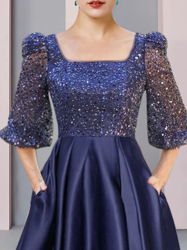 Sheath / Column Mother of the Bride Dress Formal Wedding Guest Elegant Sparkle & Shine High Low Square Neck Asymmetrical Tea Length Satin Lace Half Sleeve with Pleats Beading
