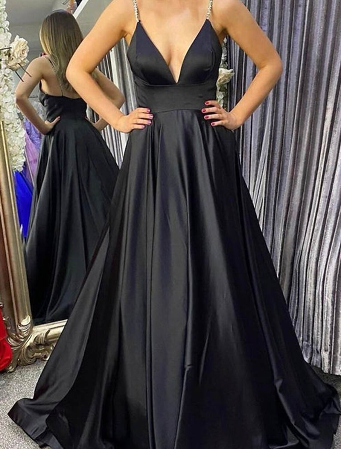 A-Line Prom Dresses Princess Dress Formal Floor Length Sleeveless V Neck Stretch Satin Backless