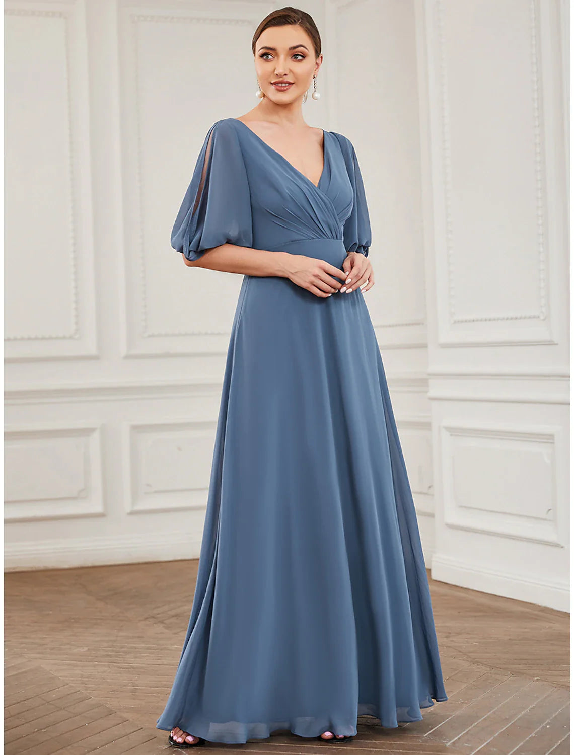 A-Line Evening Gown Minimalist Dress Wedding Guest Prom Floor Length Half Sleeve V Neck Chiffon