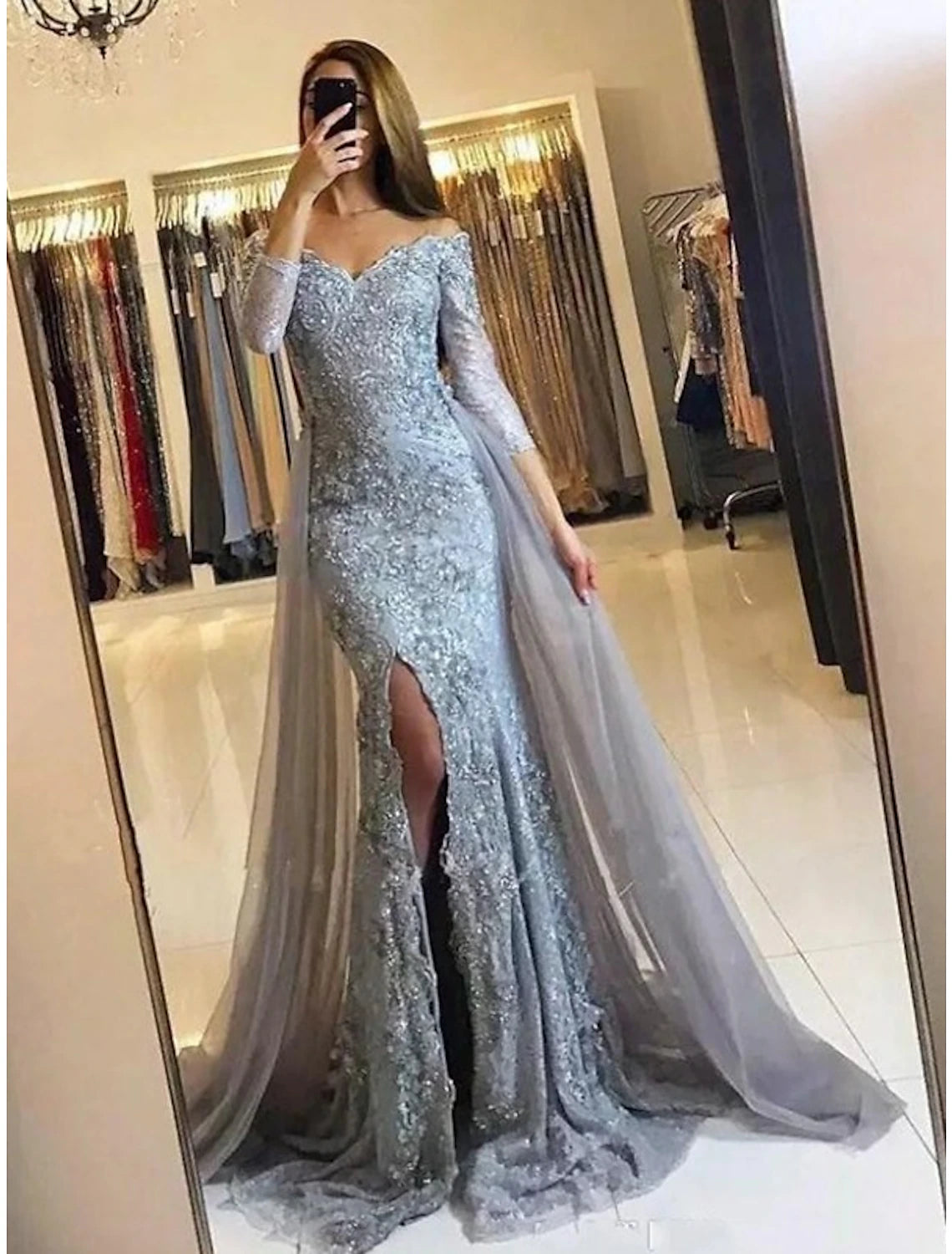 Mermaid Evening Gown Floral Carnival Dress Formal Wedding Sweep / Brush Train Long Sleeve Off Shoulder Fall Wedding Reception Chiffon