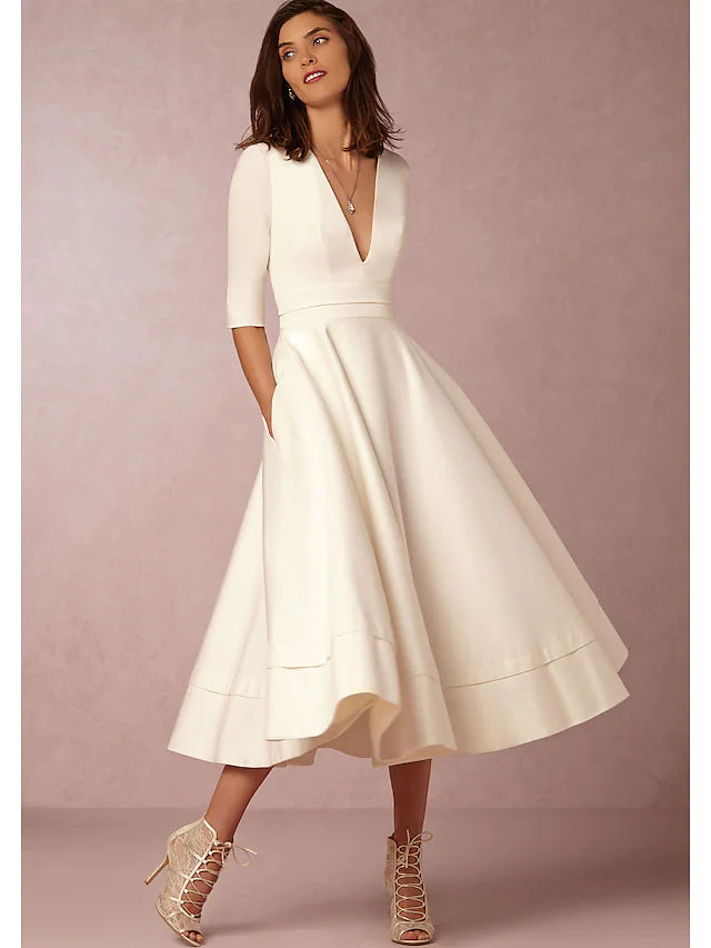A-Line Special Occasion Dresses Party Dress Holiday Tea Length Half Sleeve V Neck Pocket Jersey