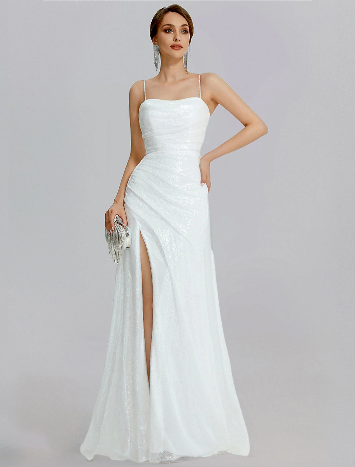 Mermaid / Trumpet Prom Dresses Sparkle Dress Wedding Floor Length Sleeveless Cowl Neck Sequined with Ruched