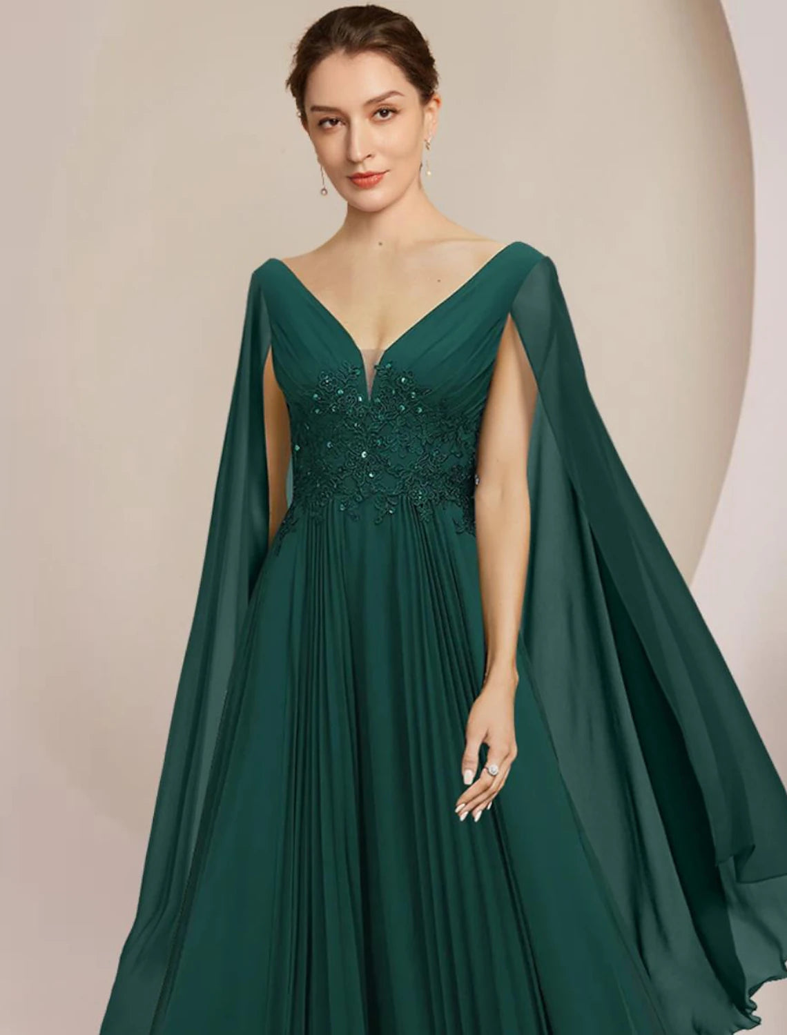 A-Line Mother of the Bride Dress Formal Wedding Guest Elegant V Neck Floor Length Chiffon Lace Sleeveless with Pleats Sequin
