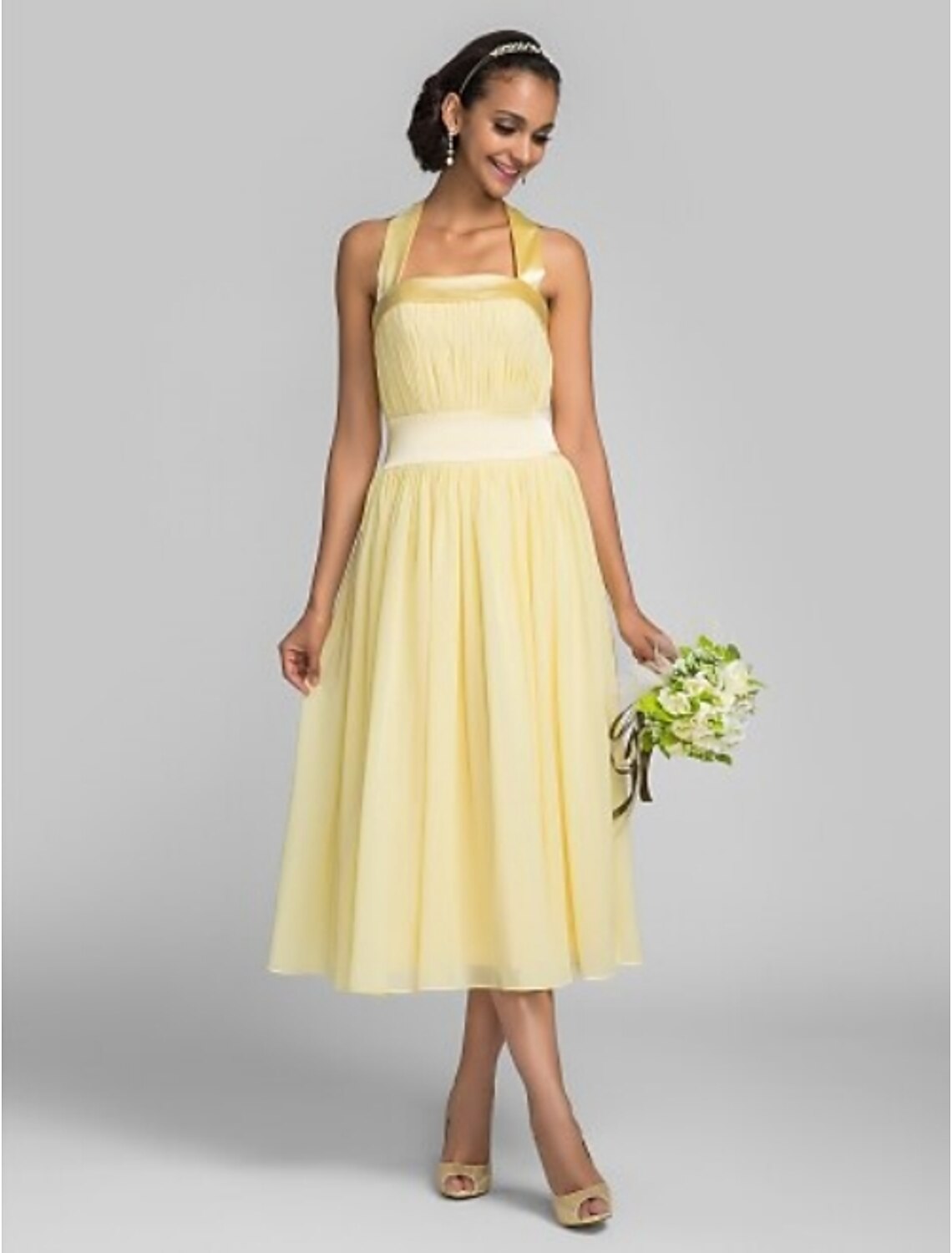 A-Line Halter Tea Length Chiffon Stretch Satin Bridesmaid Dress with Draping