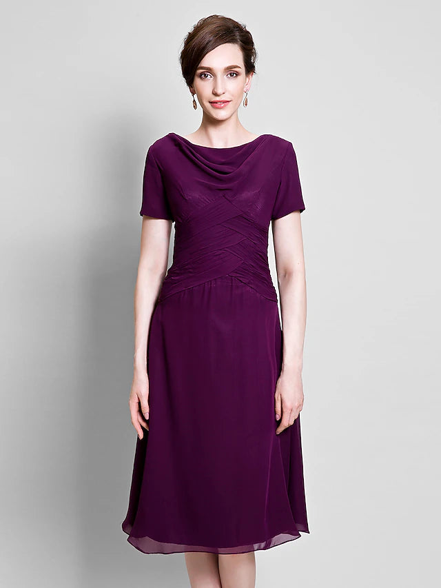 A-Line Mother of the Bride Dress Cowl Neck Tea Length Chiffon Short Sleeve with Ruched Side