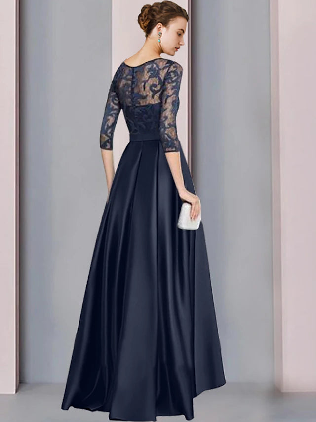 A-Line Mother of the Bride Dress Wedding Guest Elegant High Low Scoop Neck Asymmetrical Floor Length Satin Lace Half Sleeve with Bow(s) Pleats
