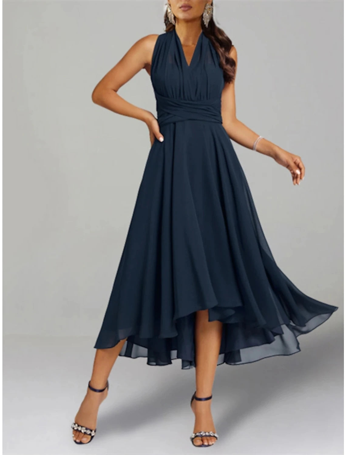Two Piece A-Line Wedding Guest Dresses Elegant Dress Cocktail Party Tea Length 3/4 Length Sleeve V Neck Convertible Chiffon