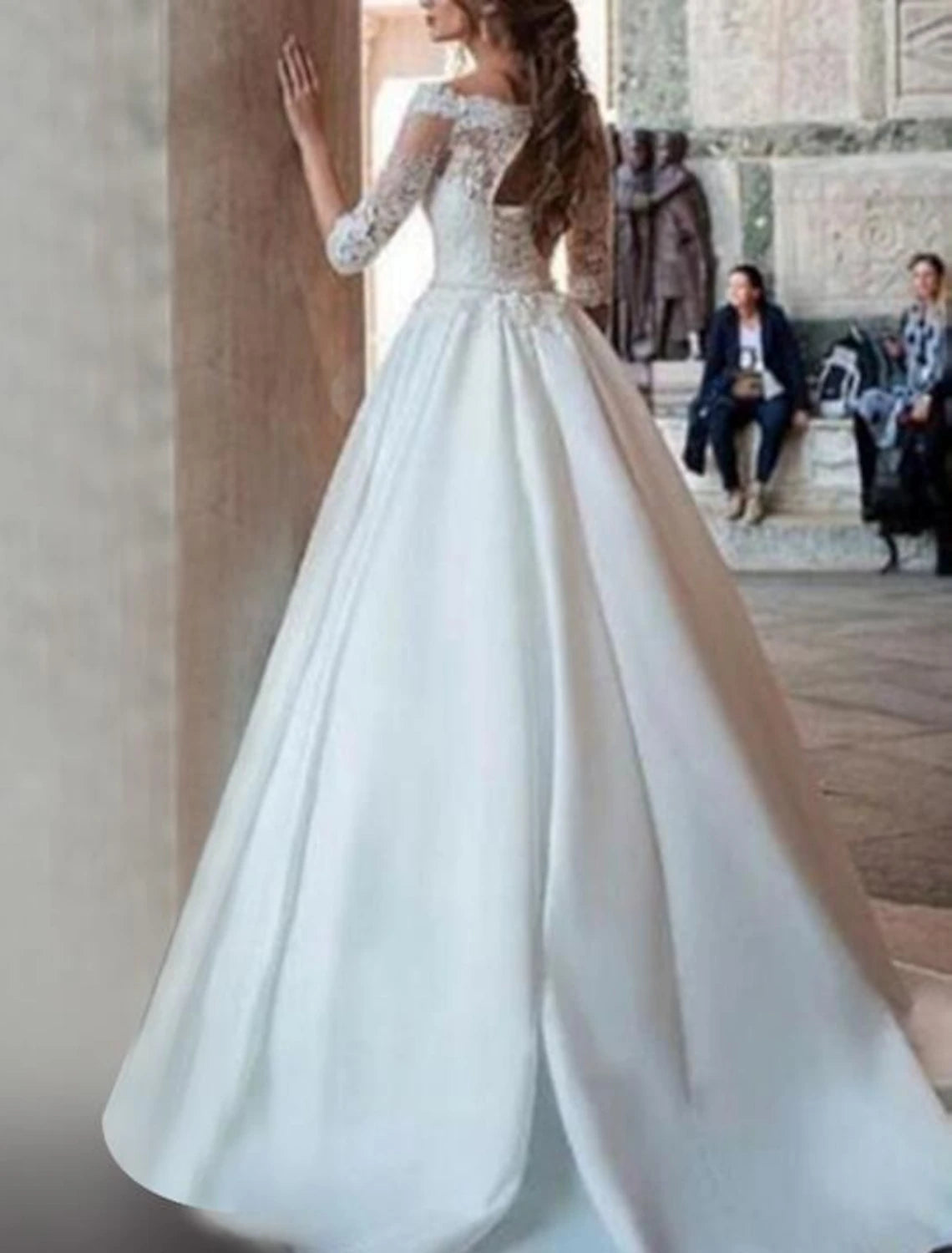 Engagement Formal Wedding Dresses Ball Gown Off Shoulder Half Sleeve Sweep / Brush Train Satin Bridal Gowns With Pleats