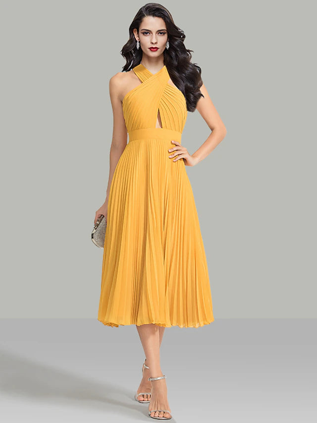 A-Line Wedding Guest Dresses Elegant Dress Cocktail Party Tea Length Sleeveless Halter Chiffon
