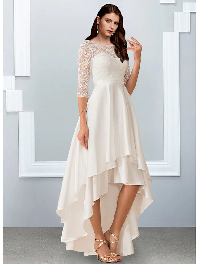 Bachelorette Party Little White Dresses Wedding Dresses Asymmetrical A-Line Half Sleeve Illusion Neck Chiffon With Cascading