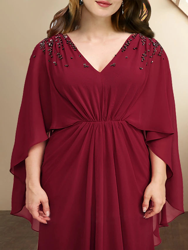 A-Line Plus Size Curve Mother of the Bride Dresses Elegant Dress Formal Floor Length Sleeveless V Neck Chiffon with Pleats