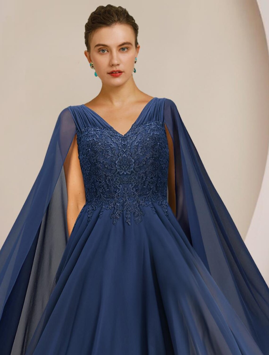 A-Line Mother of the Bride Dress Formal Wedding Guest Elegant V Neck Floor Length Chiffon Lace Sleeveless with Pleats