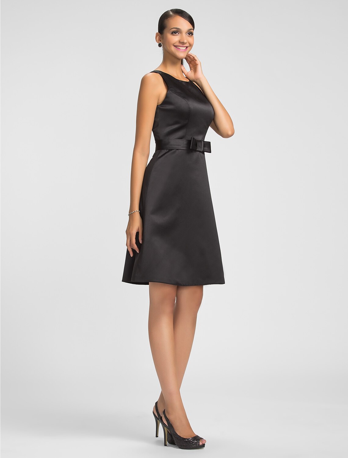 A-Line Jewel Neck Knee Length Satin Bridesmaid Dress with Bow(s) / Sash